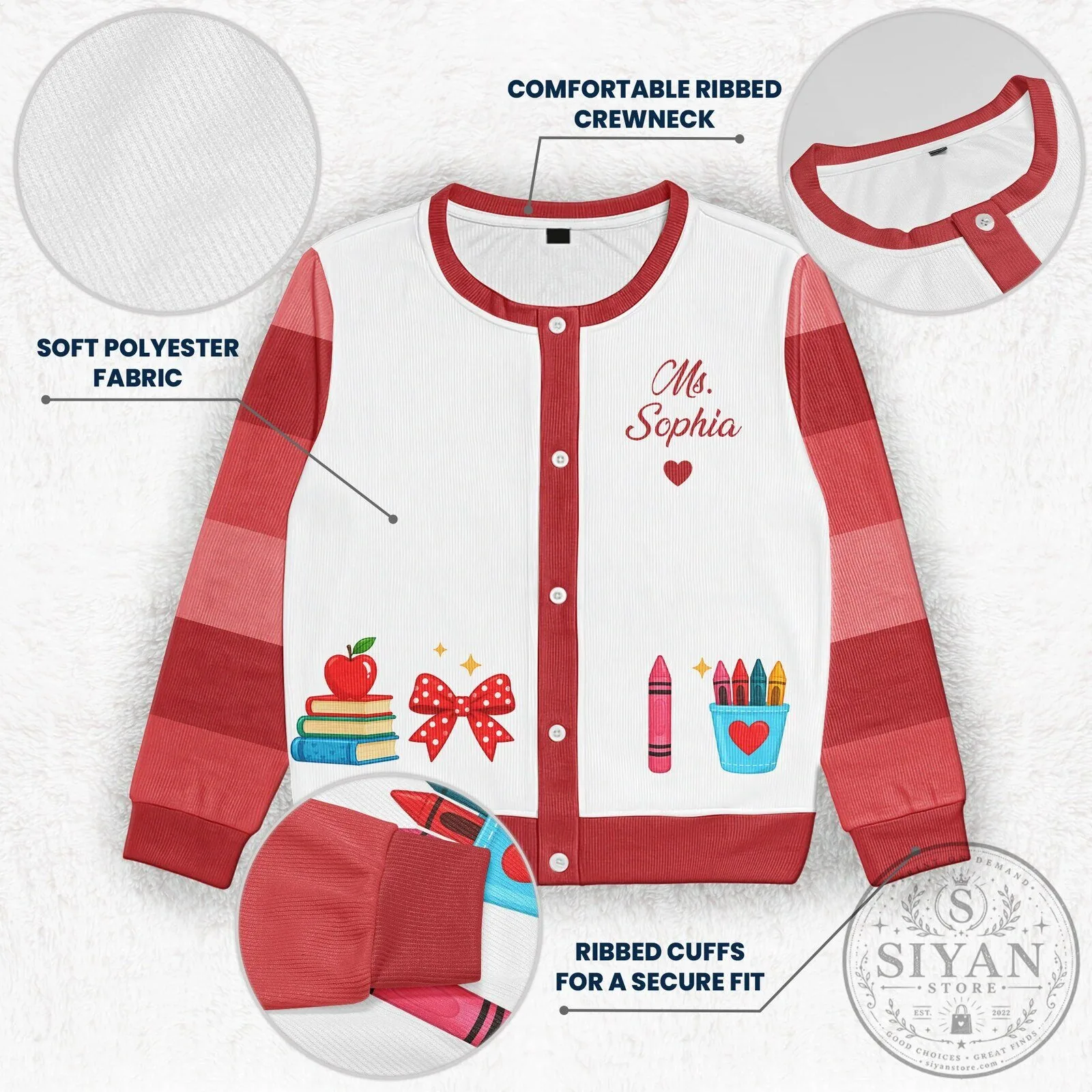 Personalized Teacher Cardigan with Custom Name for Women, School Supplies Design 14 Personalized Teacher Cardigan with Custom Name for Women, School Supplies Design