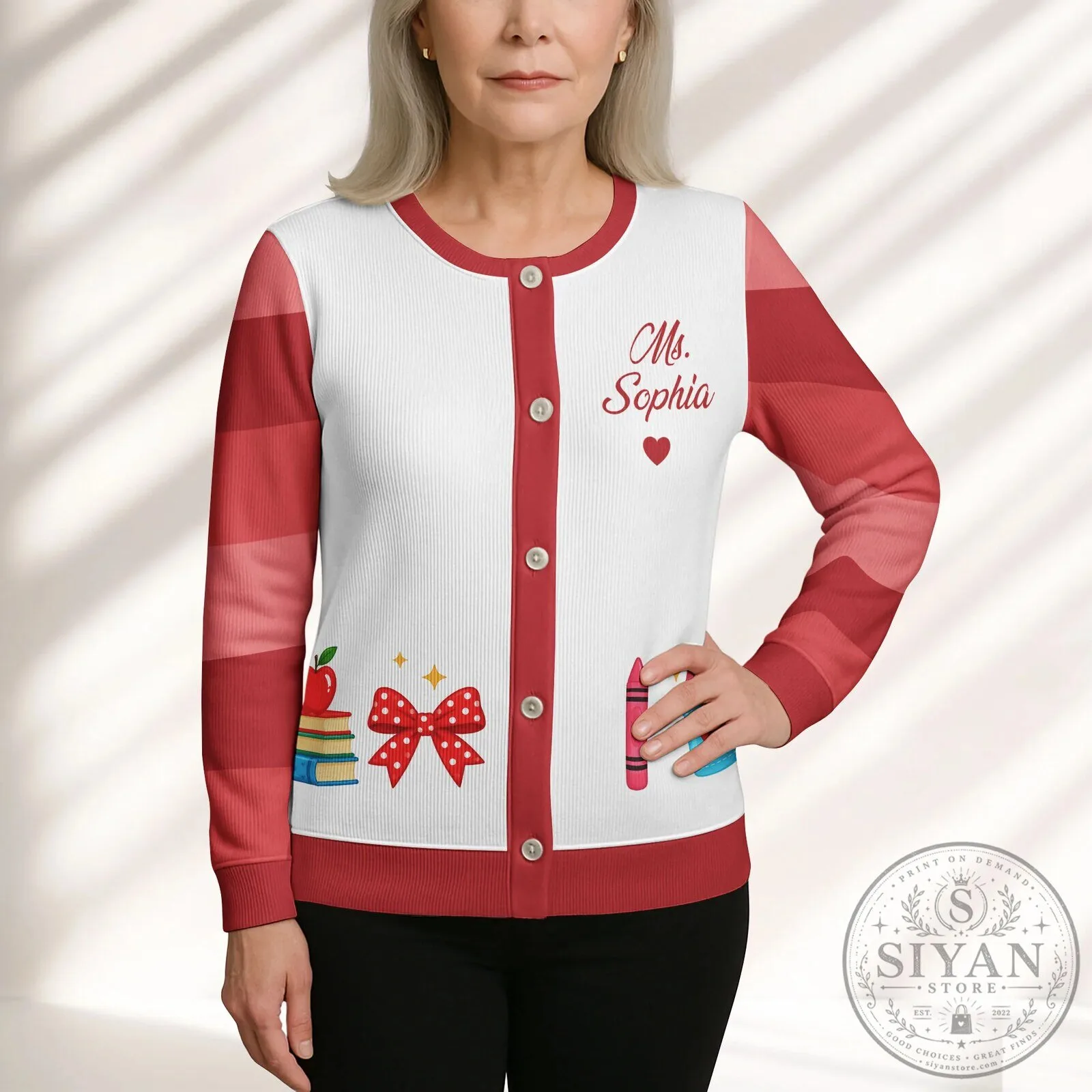 Personalized Teacher Cardigan with Custom Name for Women, School Supplies Design 16 Personalized Teacher Cardigan with Custom Name for Women, School Supplies Design
