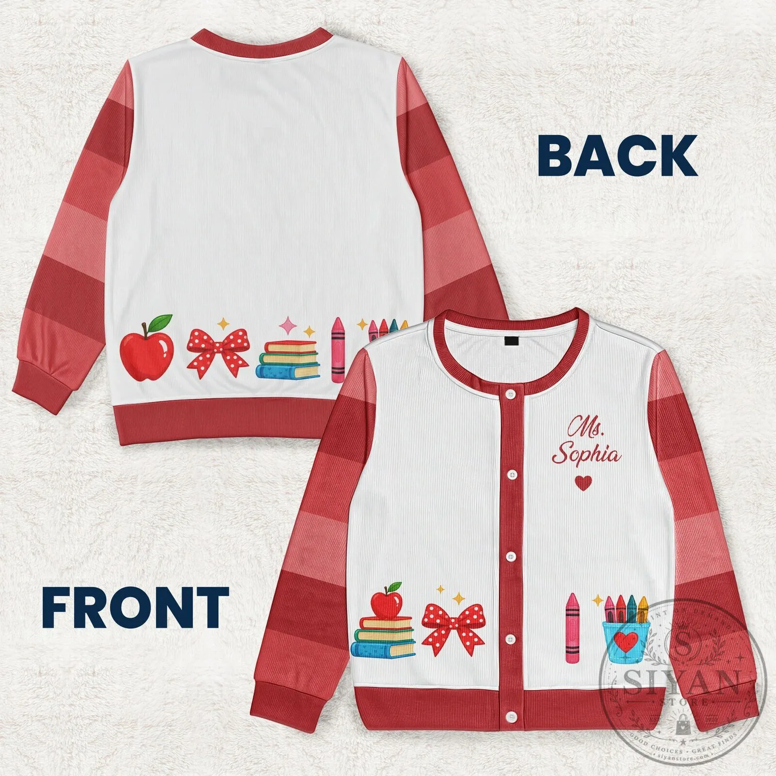 Personalized Teacher Cardigan with Custom Name for Women, School Supplies Design 17 Personalized Teacher Cardigan with Custom Name for Women, School Supplies Design