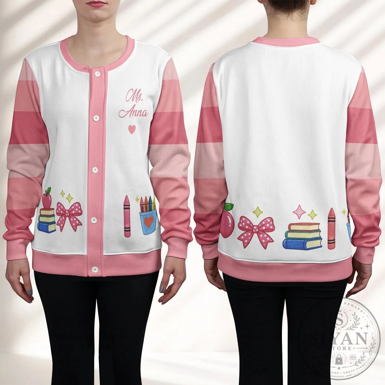 Personalized Teacher Cardigan with Custom Name for Women, School Supplies Design 18 Personalized Teacher Cardigan with Custom Name for Women, School Supplies Design