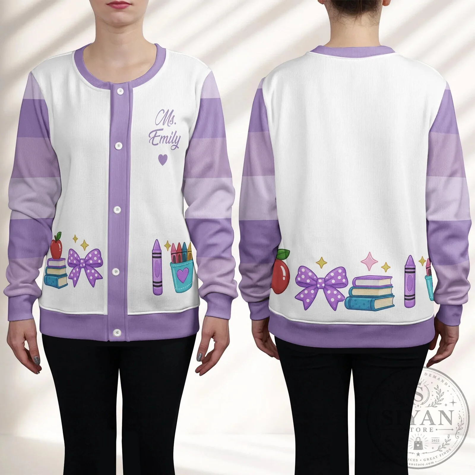 Personalized Teacher Cardigan with Custom Name for Women, School Supplies Design 19 Personalized Teacher Cardigan with Custom Name for Women, School Supplies Design