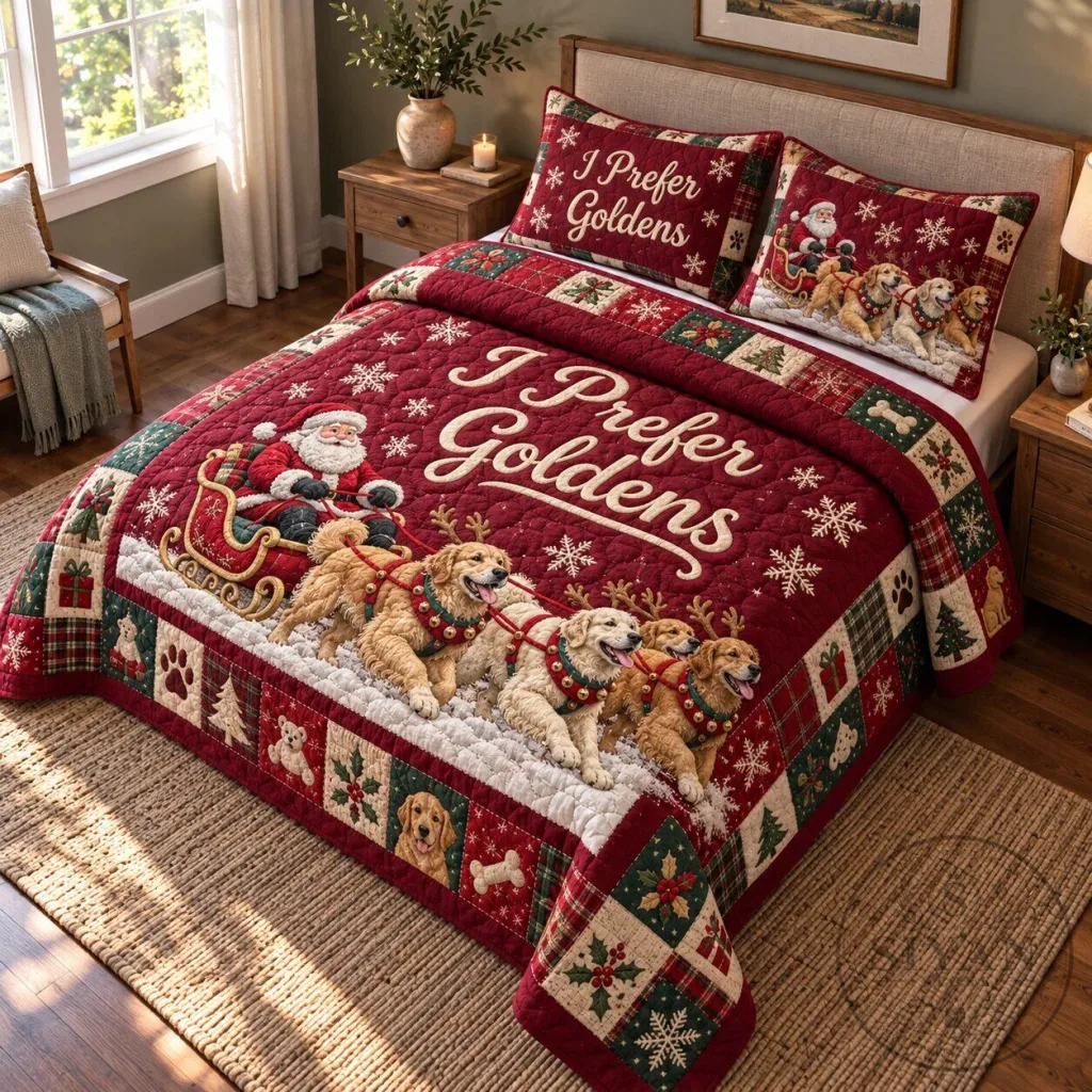 Golden Retriever Christmas Santa Sleigh I Prefer Goldens Quilted Bedding Set Golden Retriever Christmas Santa Sleigh I Prefer Goldens Quilted Bedding Set