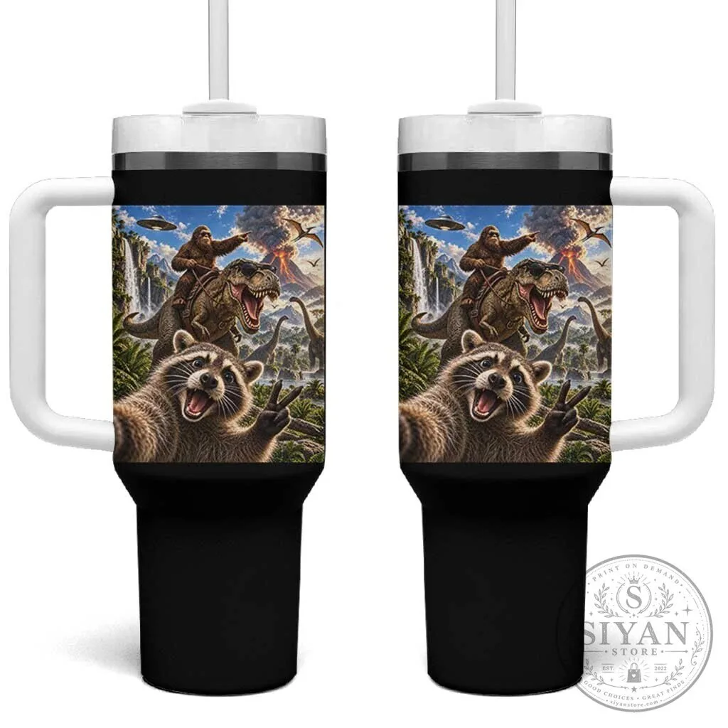Funny Raccoon Selfie Bigfoot Riding Dinosaur UFO Prehistoric Graphic Tumbler
