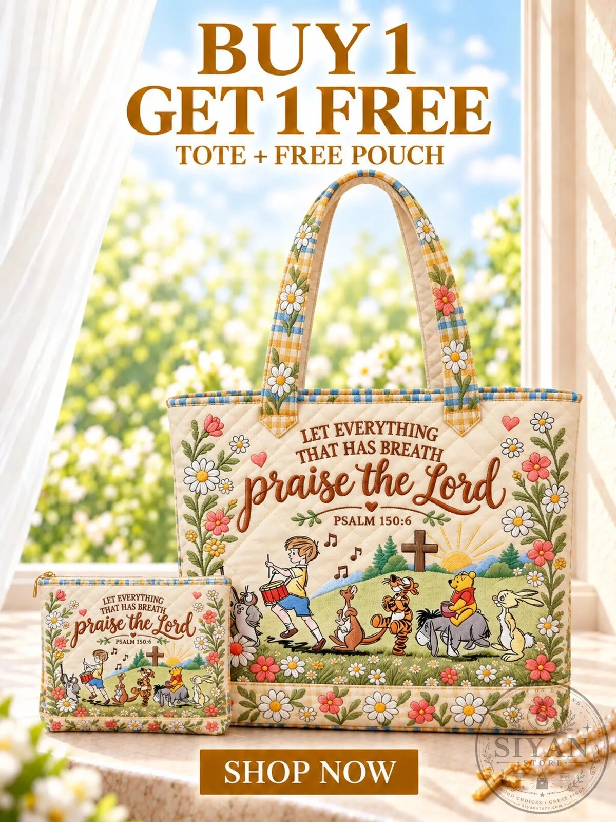Winnie The Pooh Praise The Lord Psalm 150:6 Quilted Tote Bag