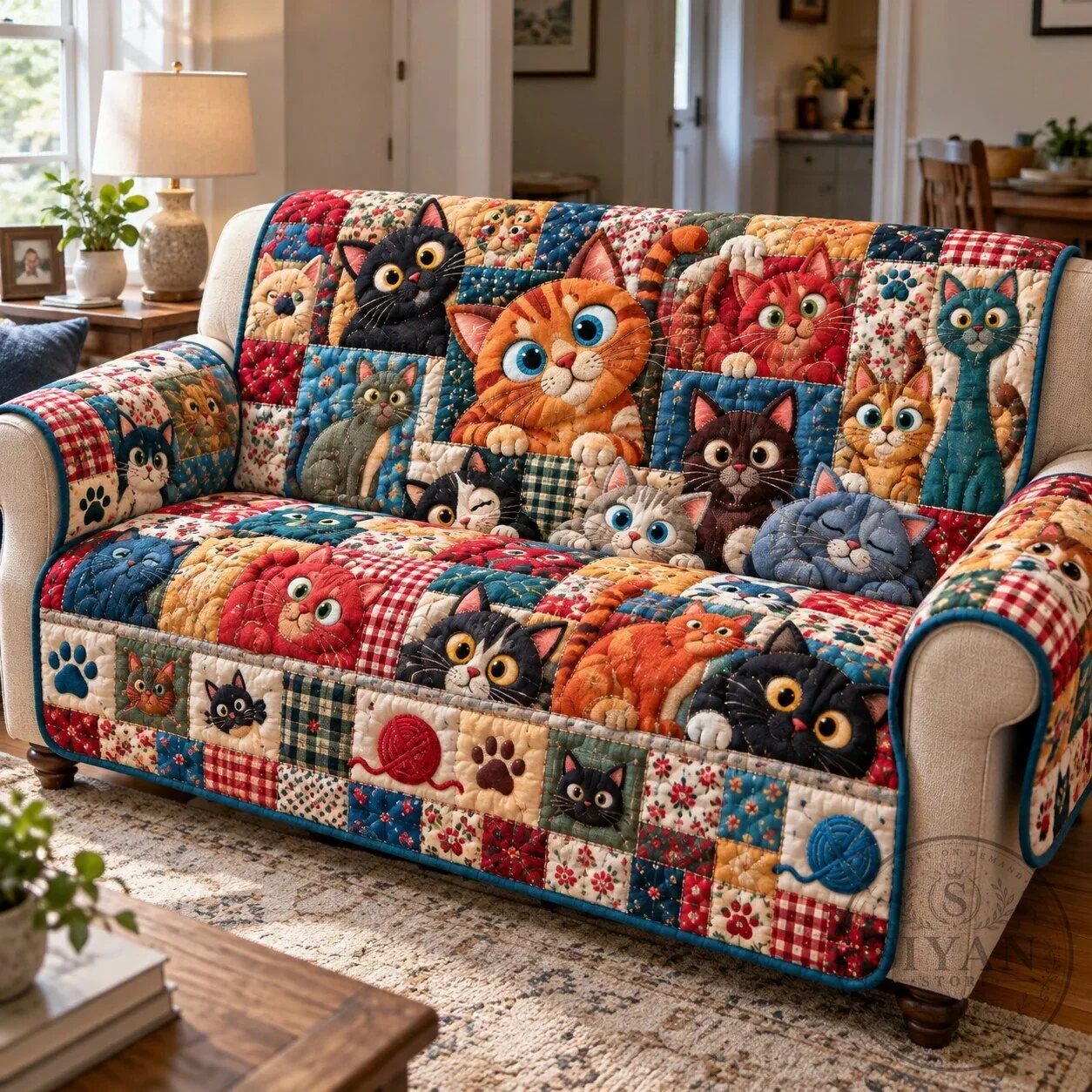 Cat Patchwork Quilted Sofa Cover, Cute Kitten Pet Lover Couch Protector