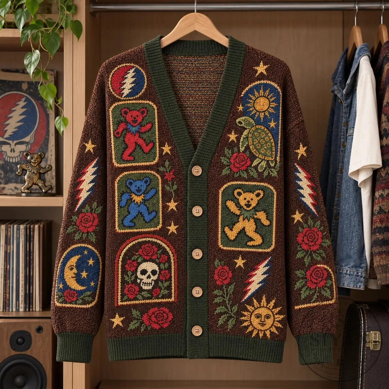 Grateful Dead Steal Your Face Dancing Bears Roses Knit Cardigan Sweater