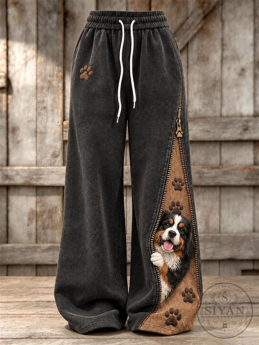 Women's Peeking Bernese Mountain Dog and Paw Prints Wide Leg Sweatpants