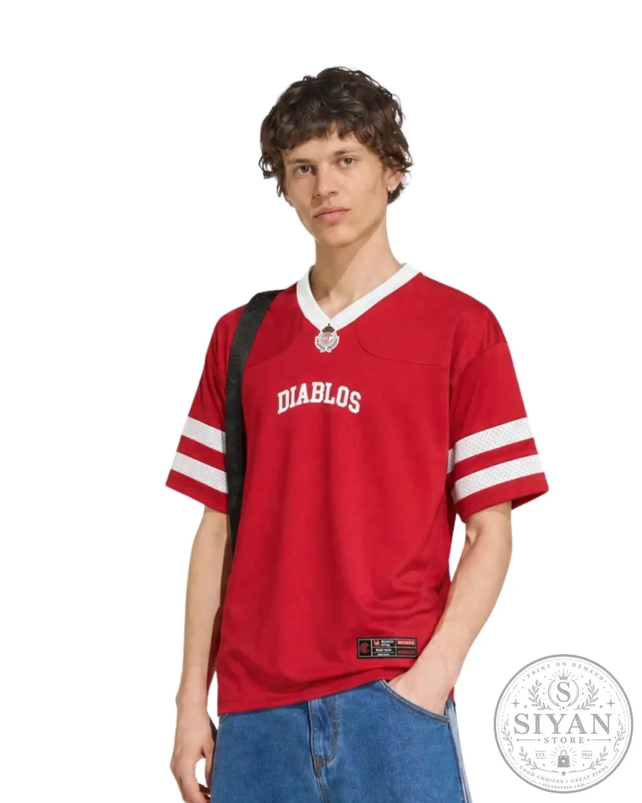 Diablos Red and White Striped Short Sleeve Football Jersey