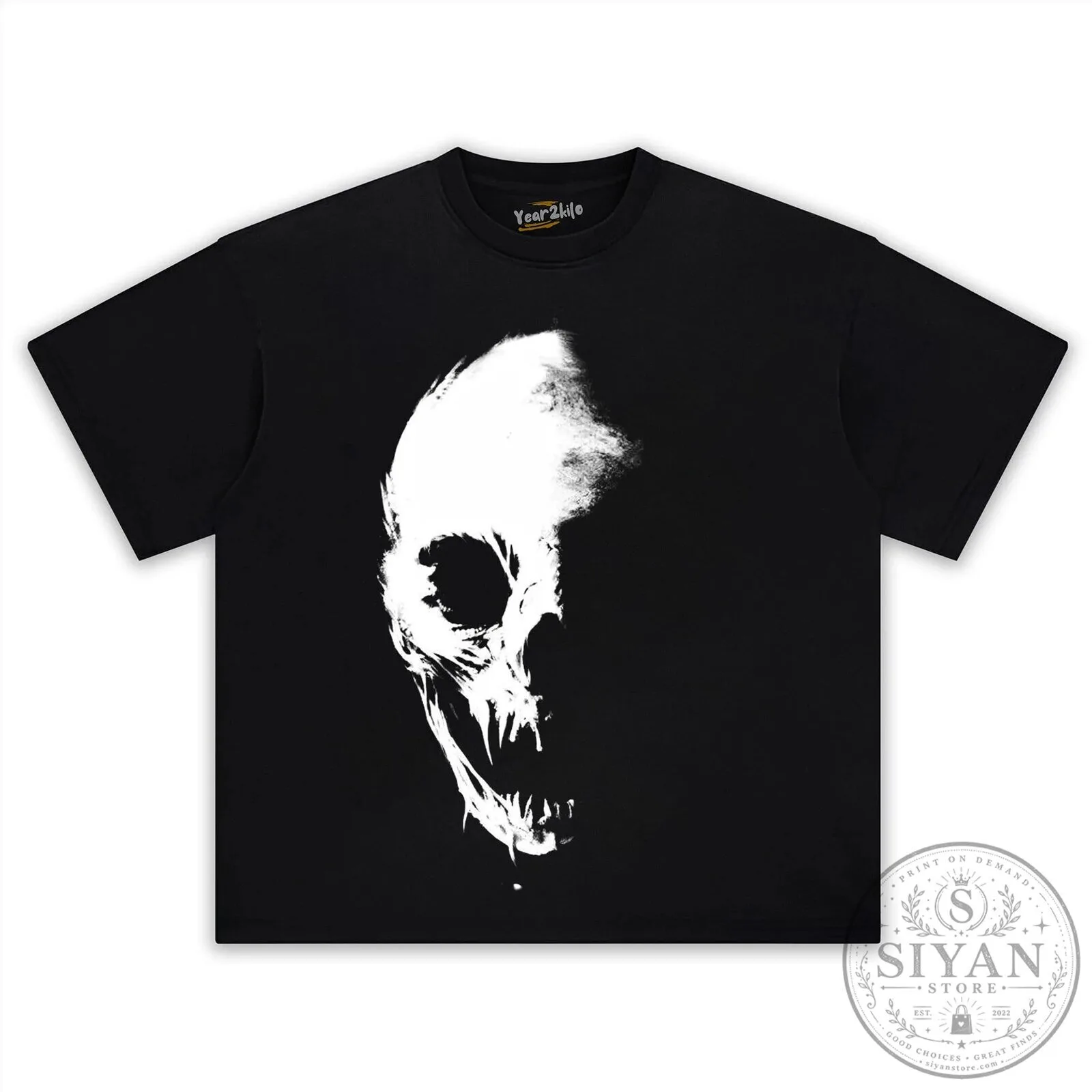 Horrible Skull V12 Black and White Graphic Print Short Sleeve T-Shirt